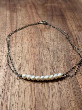 Source Unknown Pearl Bar Necklace in White and Antique Gold